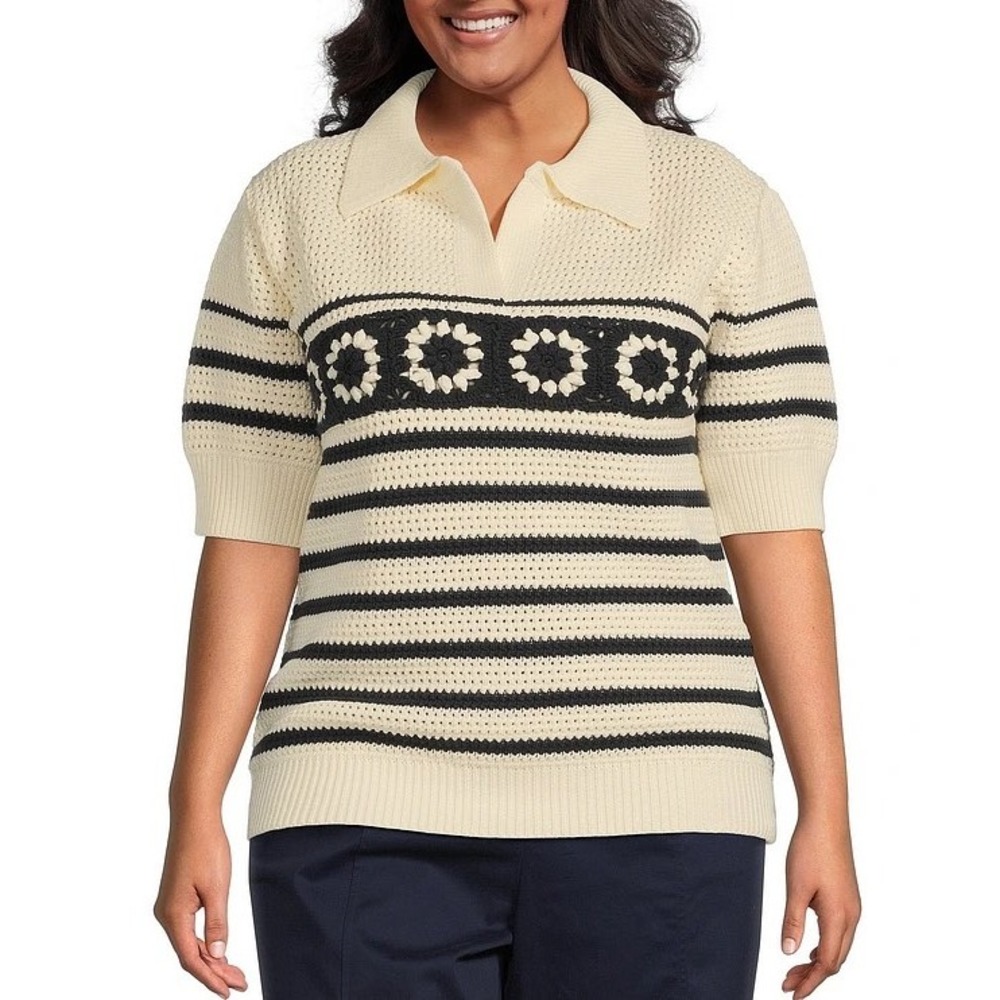 Skies Are Blue Plus Pointelle Collared Short Sleeve Sweater Crochet Sz 1X